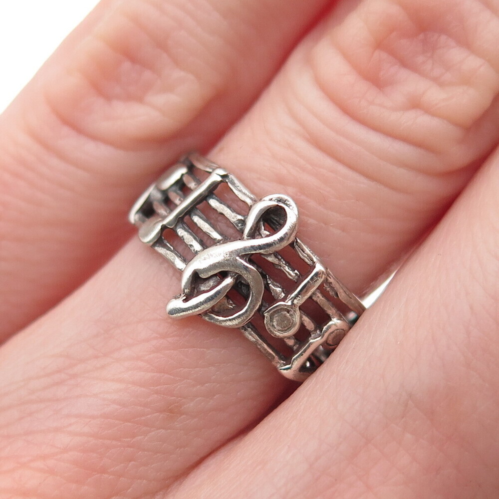 925 Sterling Silver Vintage Treble Clef Music Notes Oxidized Band Ring Size 5.5